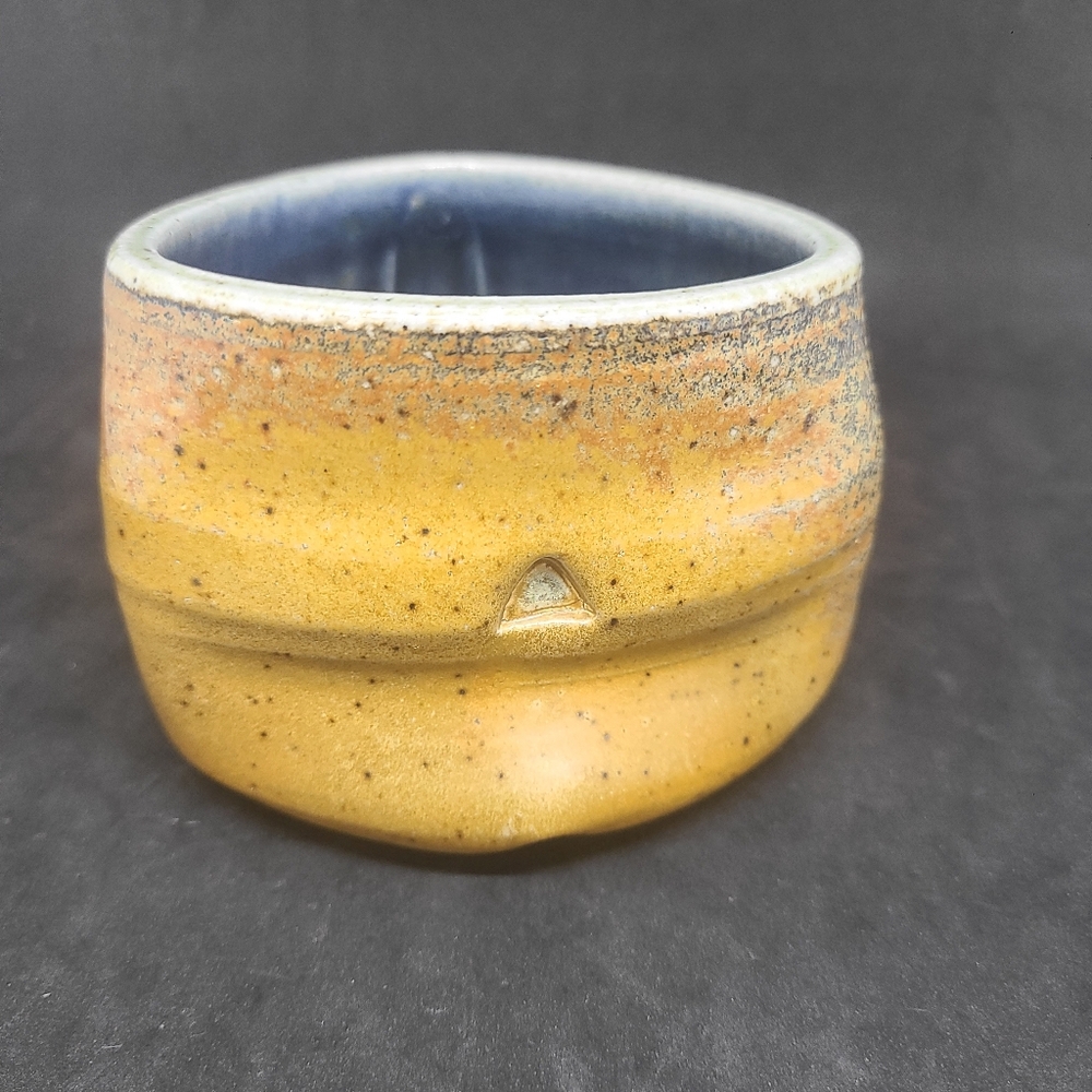 Studio Pottery Pinched Pot Small Beige with Blue Interior